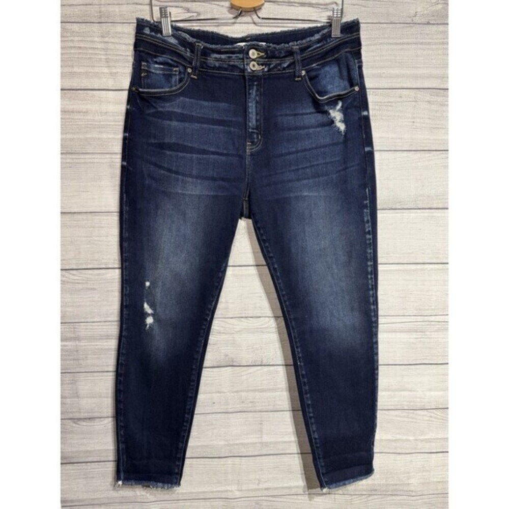 KanCan Womens Mid Rise Stretch Distressed Hem Skinny Denim Jeans Blue Size 15/31